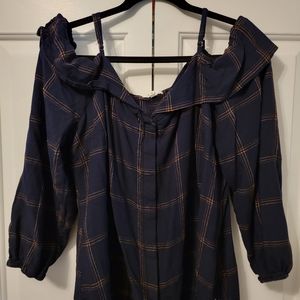 Navy blue and gold off the shoulder blouse